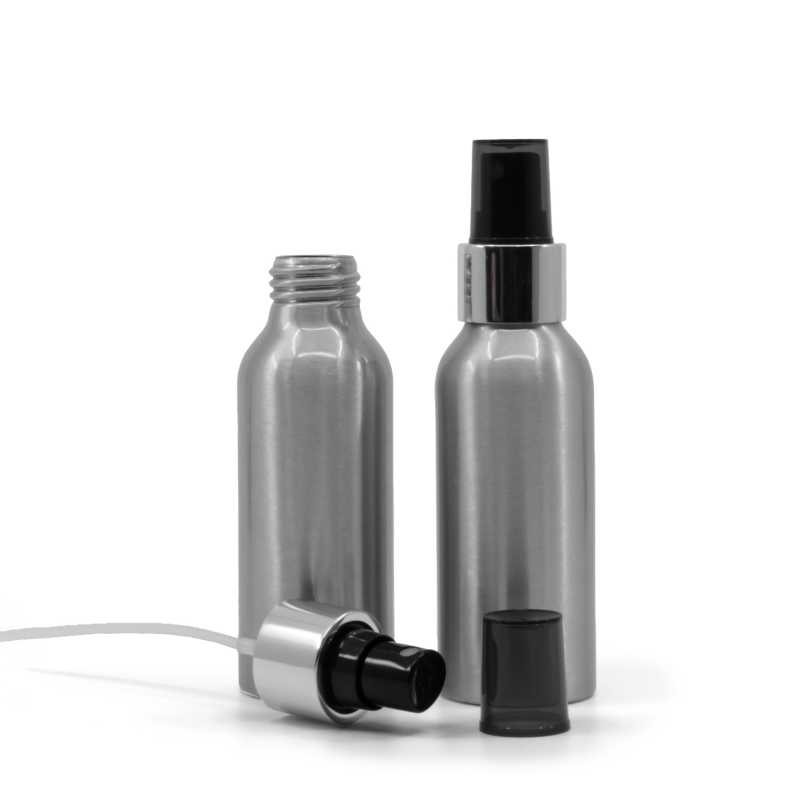 Flacone di alluminio, spruzzatore nero, anello argento lucido, 100 ml