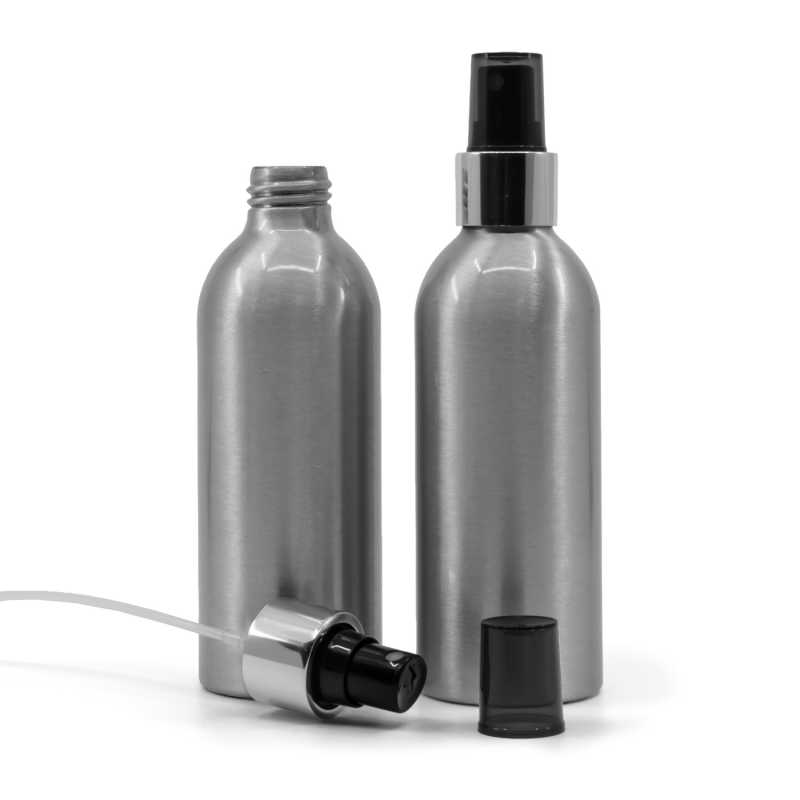 Bottiglia in alluminio, spruzzatore nero, anello argento lucido, 200 ml