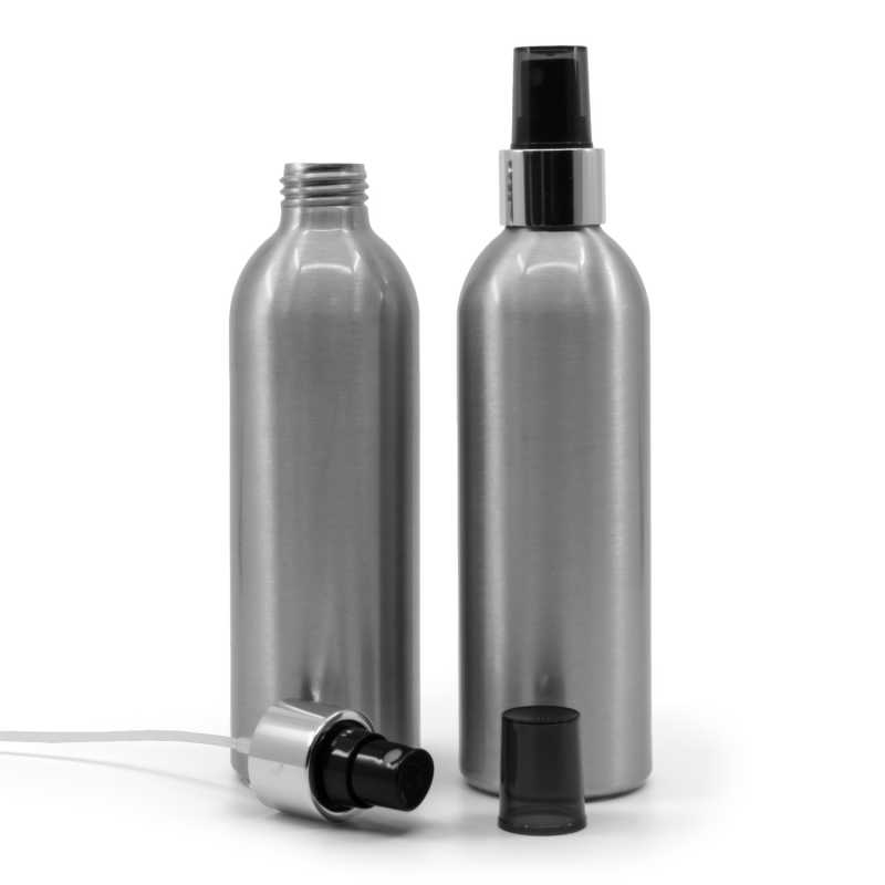 Bottiglia di alluminio, spruzzatore nero, anello argento lucido, 225 ml