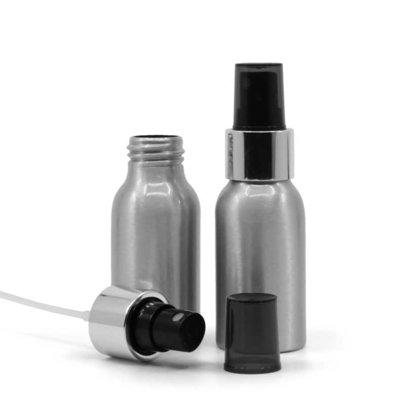 Flacone di alluminio, spruzzatore nero, anello argento lucido, 50 ml