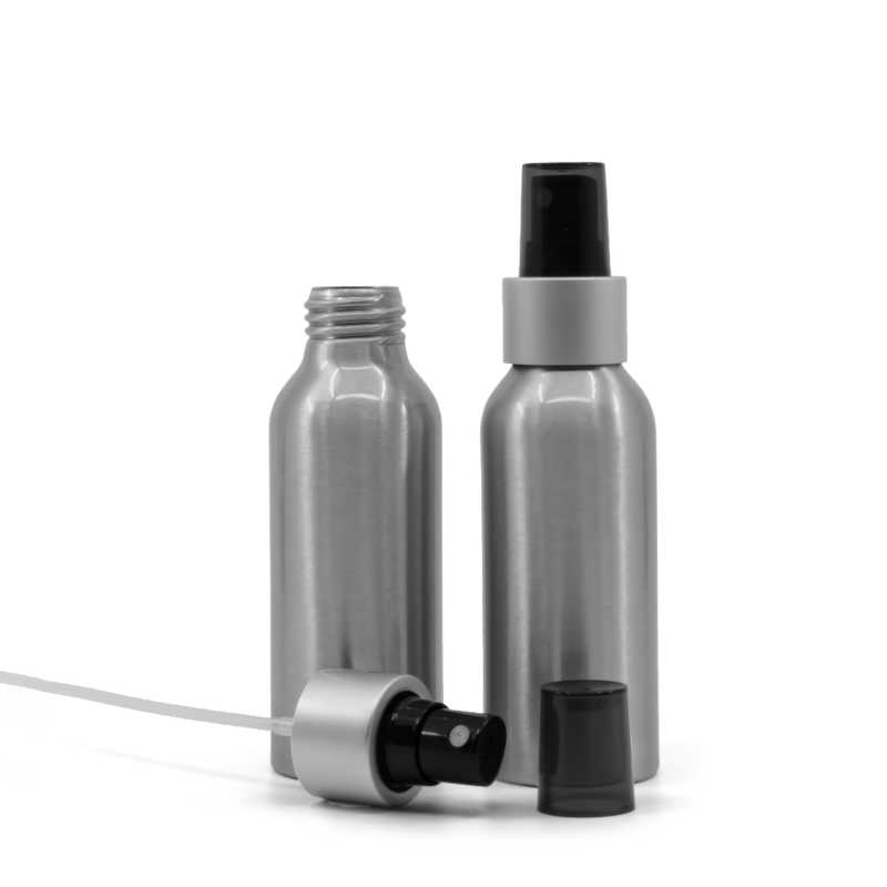 Bottiglia di alluminio, spruzzatore nero, anello argento opaco, sopra-tappo fumé, 100 ml