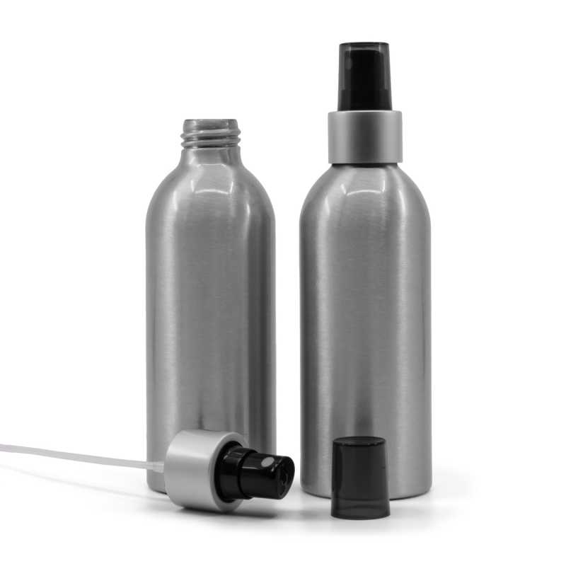 Bottiglia di alluminio, spruzzatore nero, collare argento opaco, sopra-tappo fumé, 200 ml