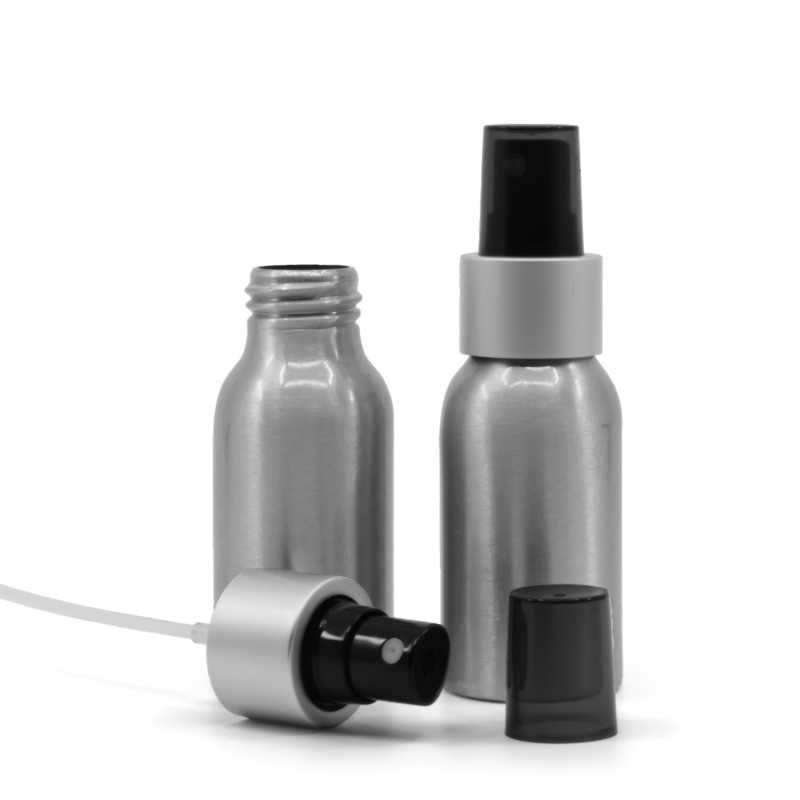 Flacone di alluminio, spruzzatore nero, anello argento opaco, sopra-tappo fumé, 50 ml