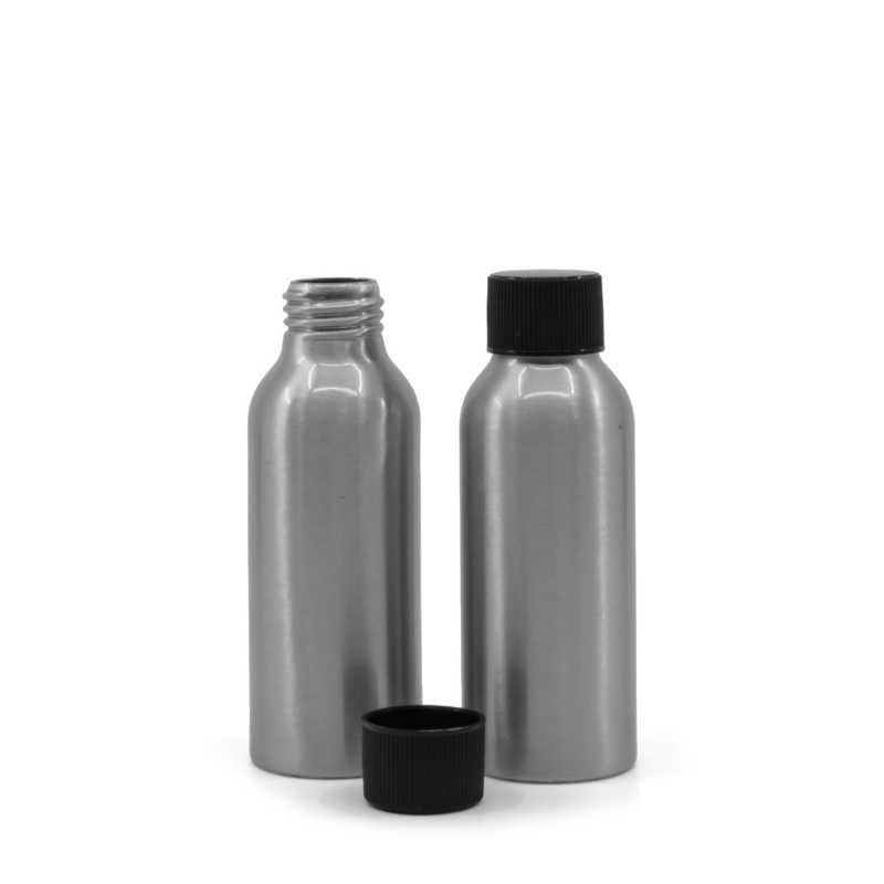 Bottiglia di alluminio, tappo a vite nero zigrinato, 100 ml