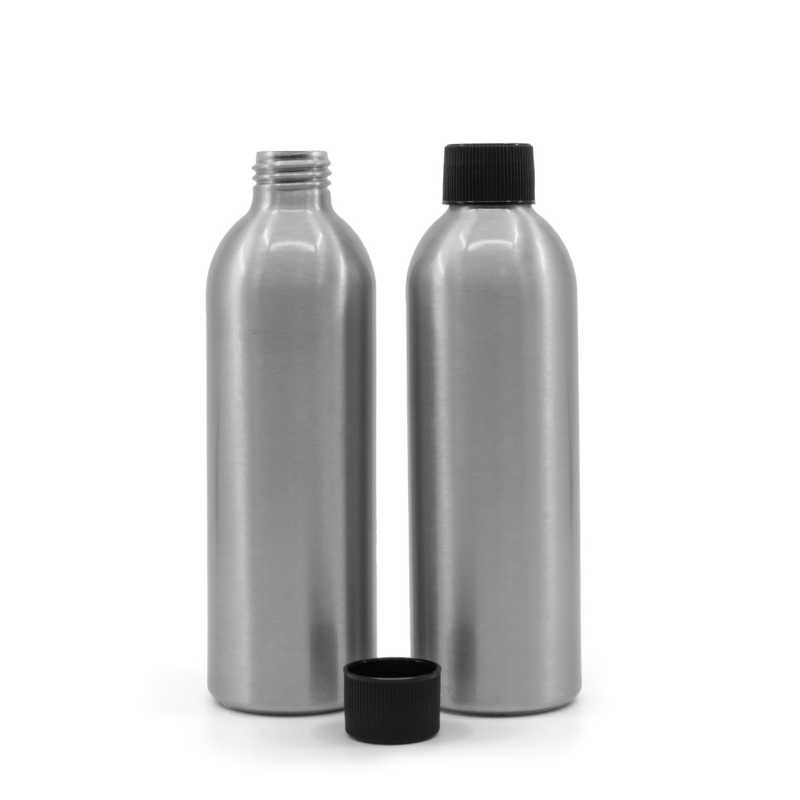 Bottiglia di alluminio, tappo nero zigrinato, 225 ml