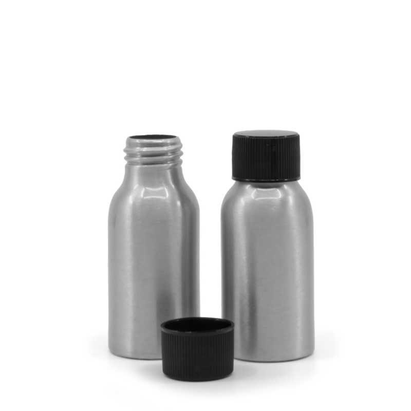 Flacone di alluminio, tappo nero zigrinato, 50 ml