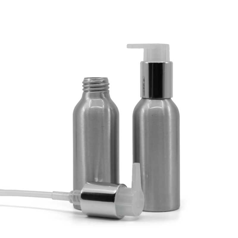 Flacone di alluminio, pompa argentata, 100 ml