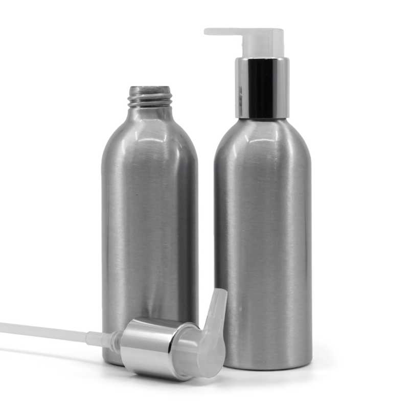 Bottiglia di alluminio, pompa argentata, 200 ml