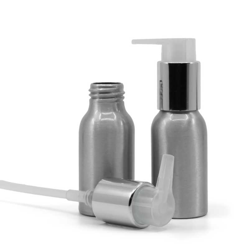 Flacone di alluminio, pompa argentata, 50 ml