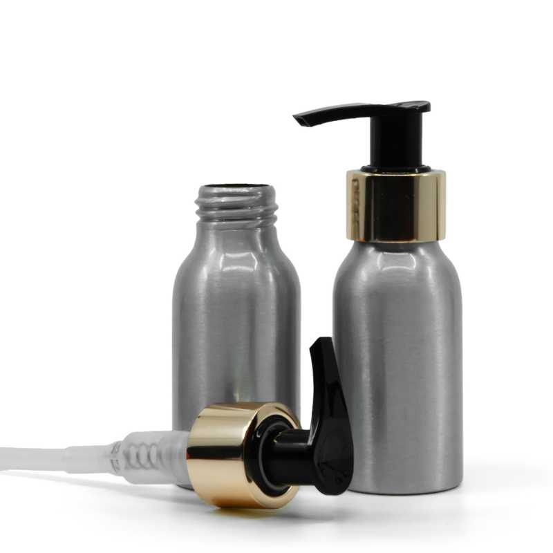 Flacone di alluminio, pompa dorata, 50 ml
