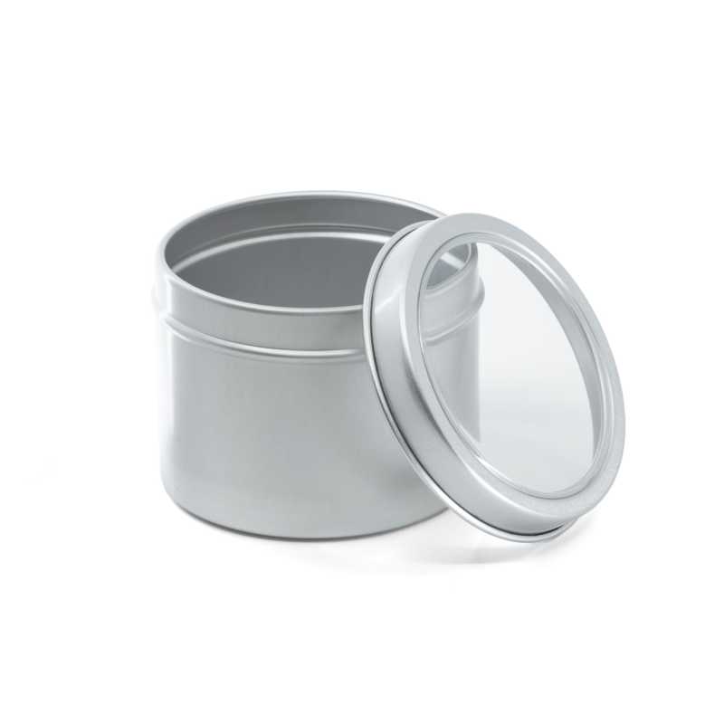 Vasetto in alluminio per candele, argentato, 115 ml, coperchio trasparente