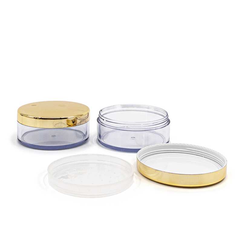 Vasetto in plastica trasparente, 30 ml, con coperchio dorato e setaccio