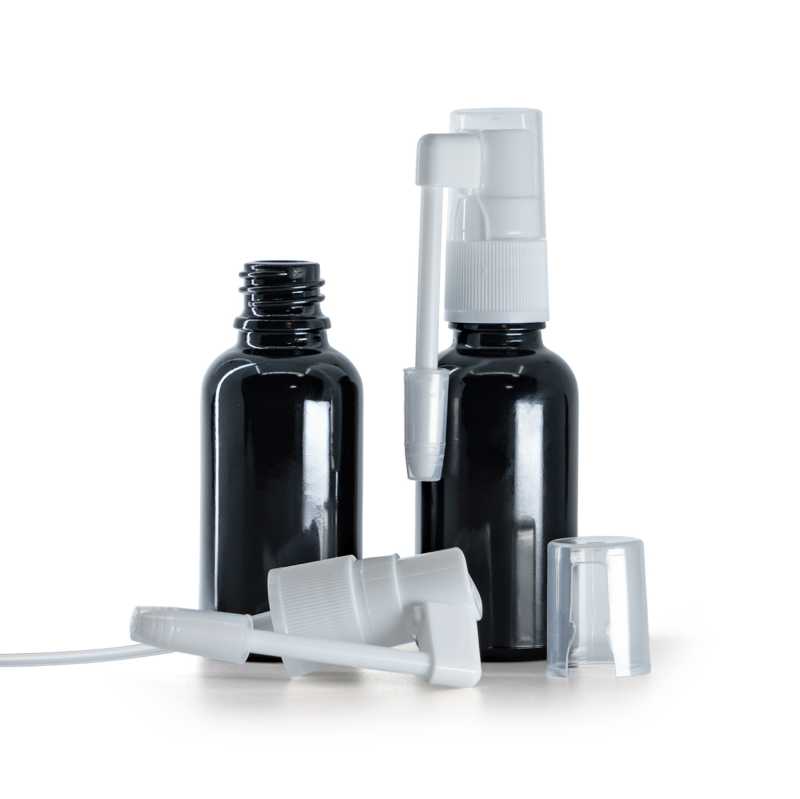 Flacone in vetro, nero lucido, spruzzatore orale, 30 ml