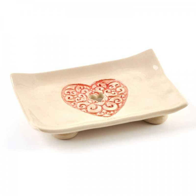 Portasapone, ceramica, cuore rosso