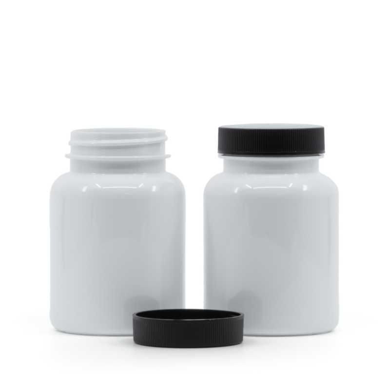 Contenitore di plastica per compresse, bianco, tappo nero, 150 ml