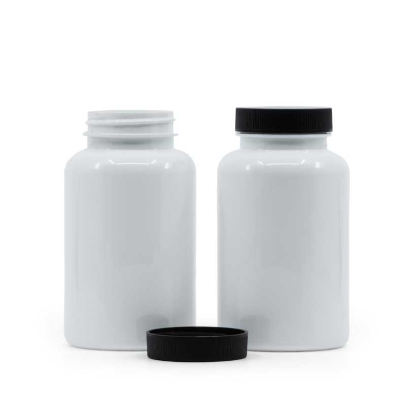Vasetto per compresse in plastica, bianco, tappo nero, 250 ml