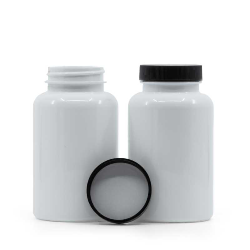 Contenitore di plastica per pillole, bianco, tappo nero, sigillo interno a induzione, 250 ml
