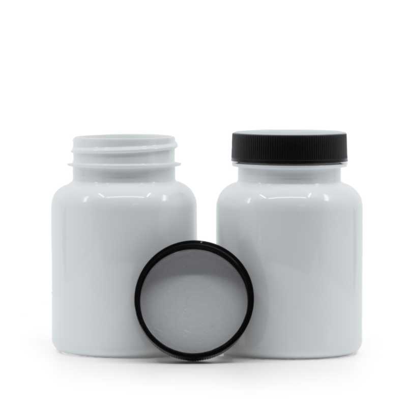 Contenitore di plastica per compresse, bianco, tappo nero, sigillo interno a induzione, 150 ml