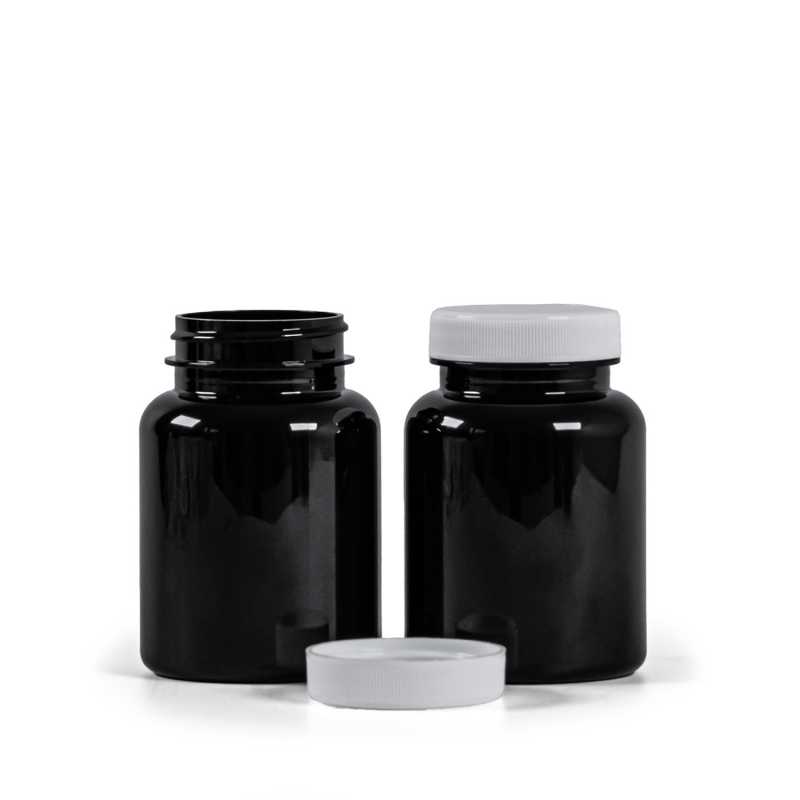 Contenitore di plastica per compresse, nero, tappo bianco, 150 ml