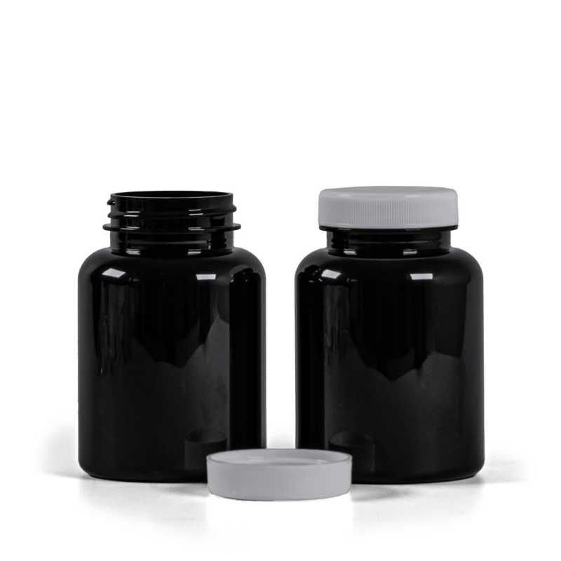 Contenitore plastico per compresse, nero, tappo bianco, 200 ml