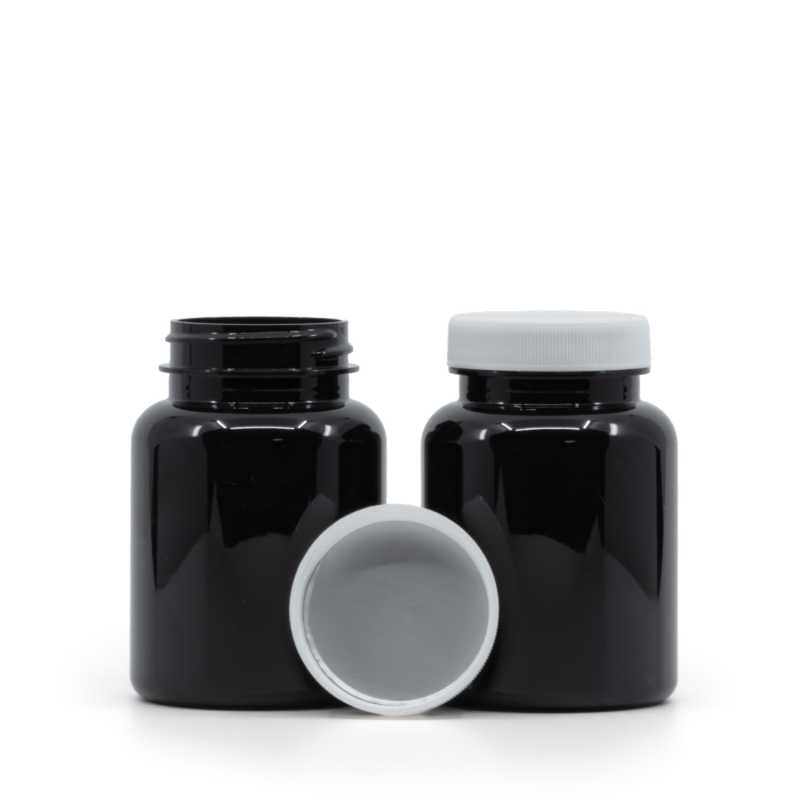 Contenitore di plastica per compresse, nero, tappo bianco, sigillo interno a induzione, 150 ml