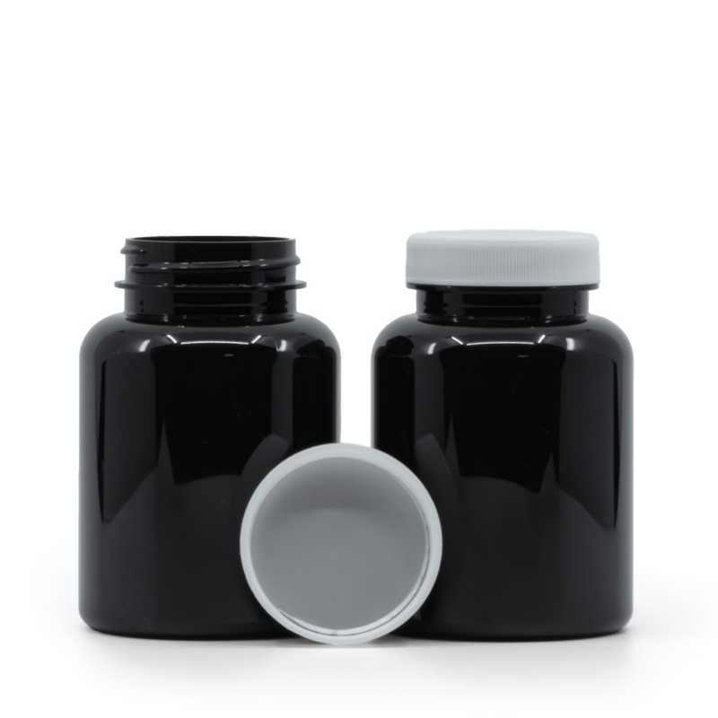 Contenitore in plastica per pillole, nero, tappo bianco, sigillo a induzione, 200 ml