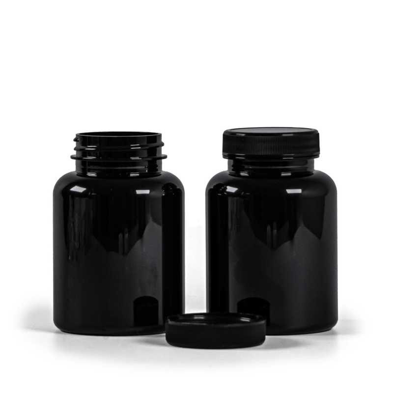 Contenitore plastico per pillole, nero, tappo nero, 200 ml