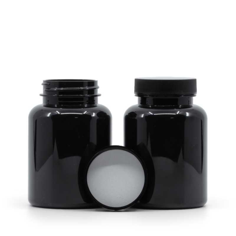 Contenitore di plastica per pillole, nero, tappo nero, sigillo interno a induzione, 200 ml