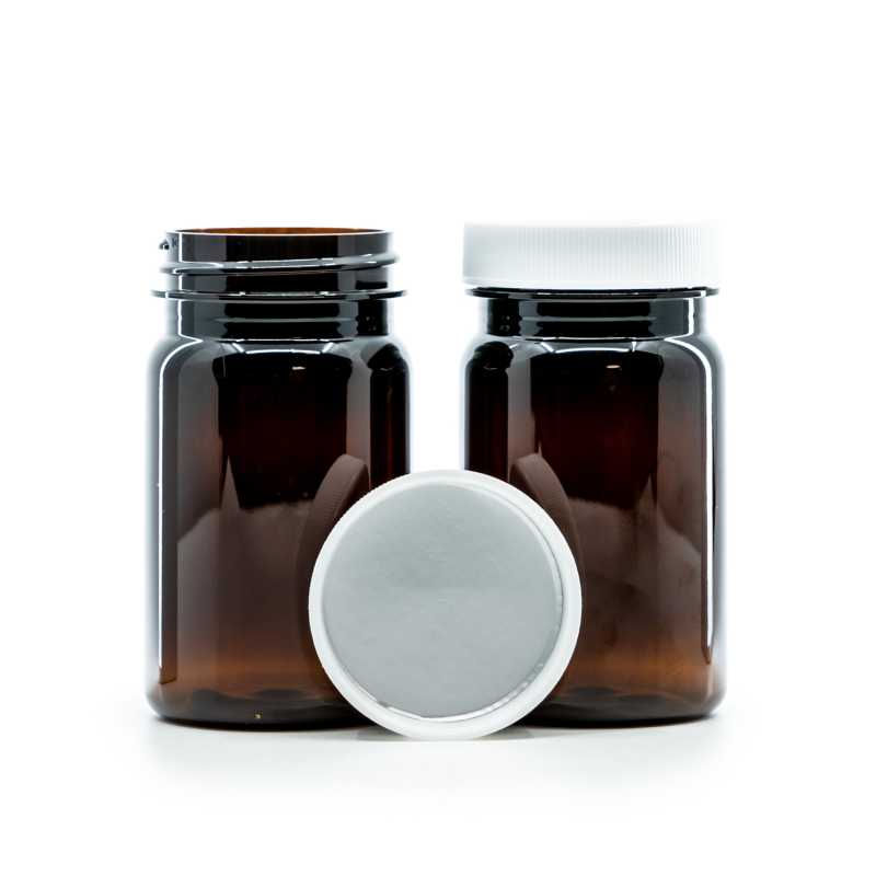 Vaso di plastica per pillole, ambra, tappo bianco, sigillo interno a induzione, 100 ml