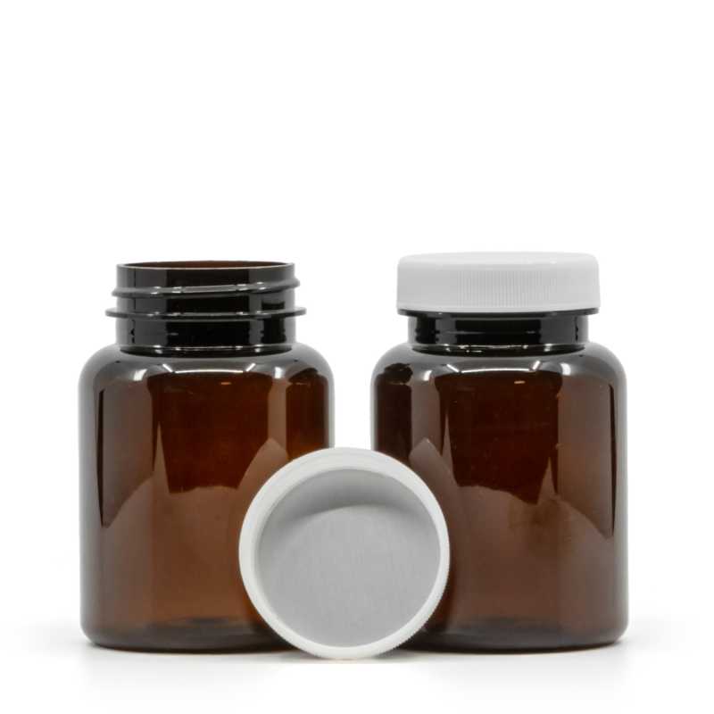 Vaso in plastica per pillole, ambra, tappo bianco, sigillo interno a induzione, 150 ml