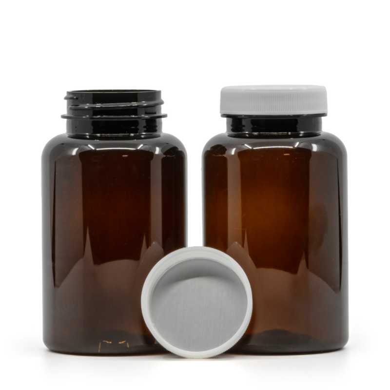 Contenitore in plastica per compresse, ambra, tappo bianco, sigillo a induzione, 250 ml