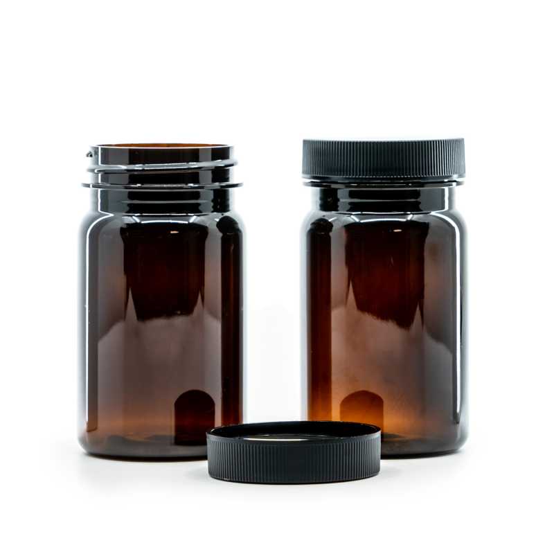 Contenitore di plastica per compresse, ambra, tappo nero, 100 ml