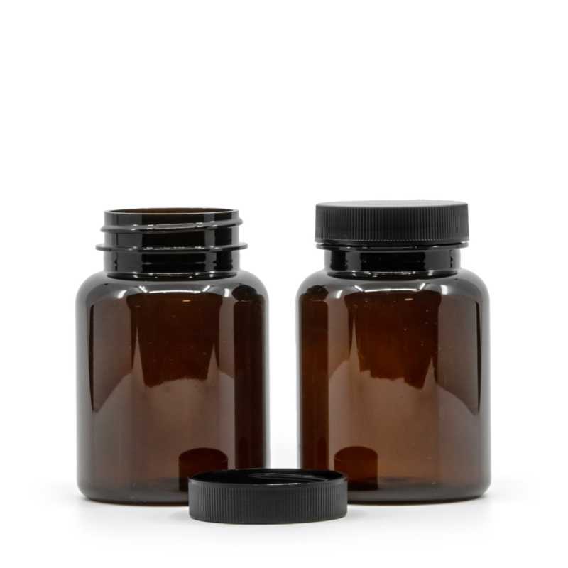 Contenitore per pillole in plastica, ambra, tappo nero, 150 ml