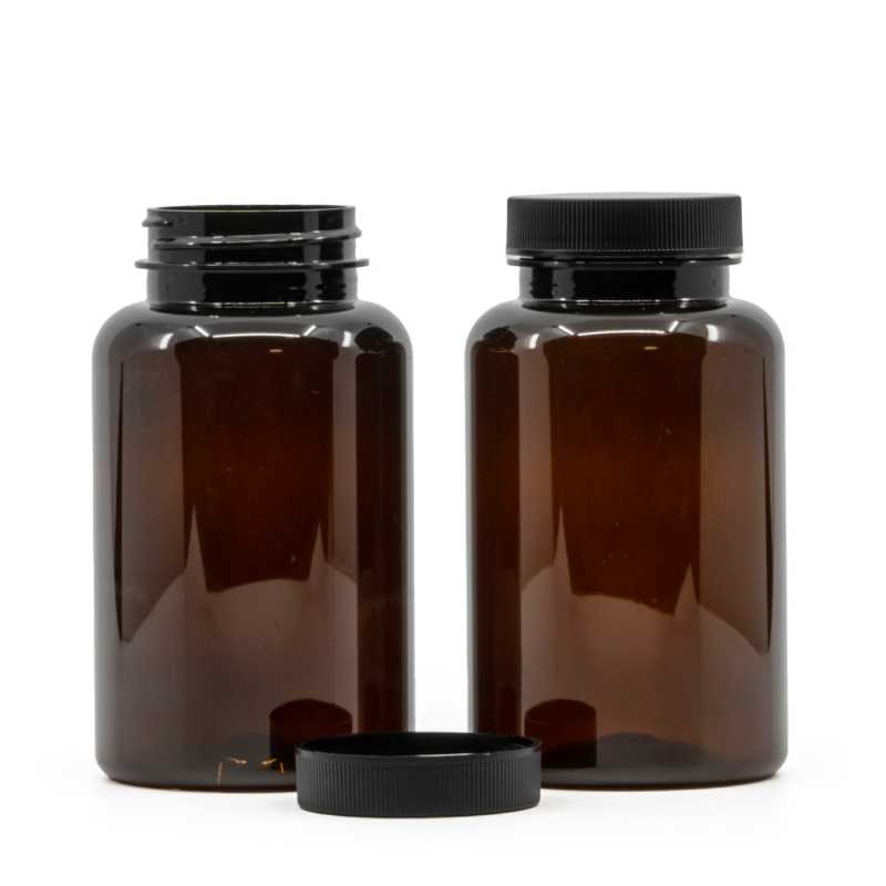 Contenitore di plastica per pillole, ambrato, tappo nero, 250 ml