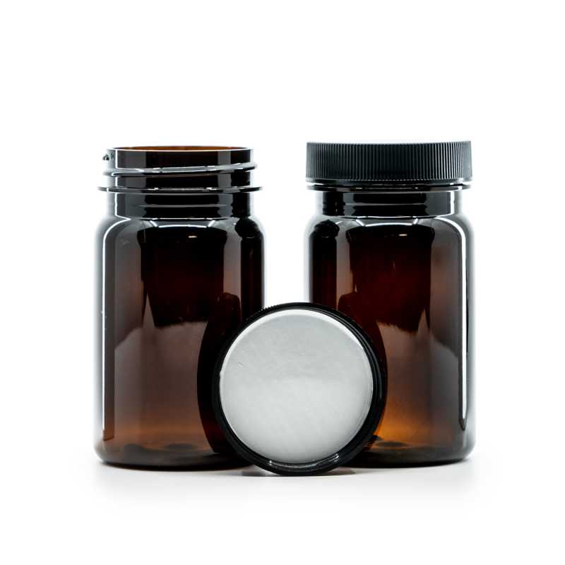 Contenitore in plastica, per pillole, ambra, tappo nero, sigillo interno a induzione, 100 ml
