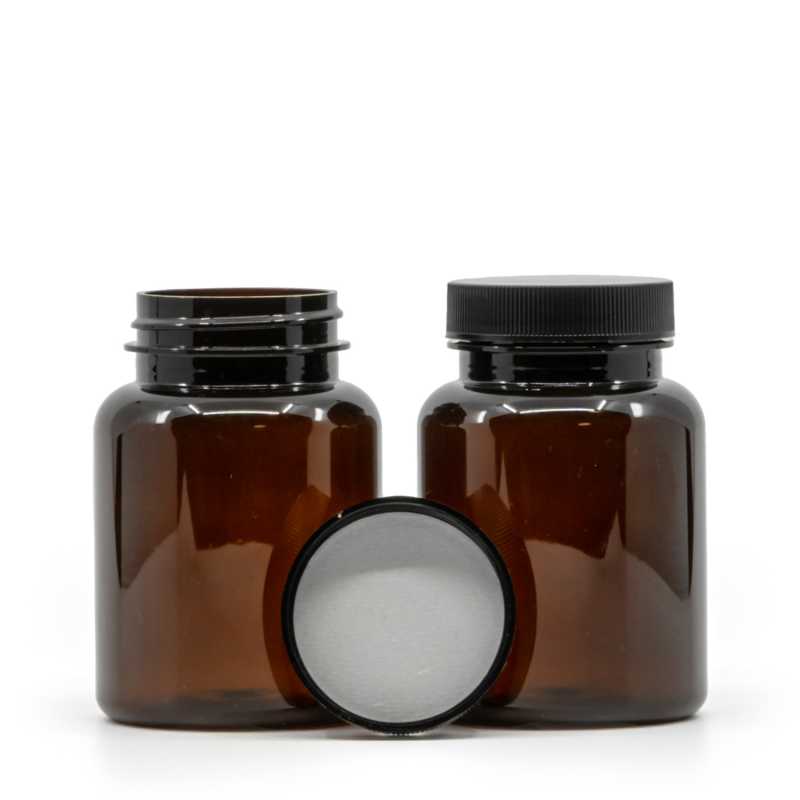 Vasetto per compresse in plastica ambra, tappo nero, sigillo interno a induzione, 150 ml