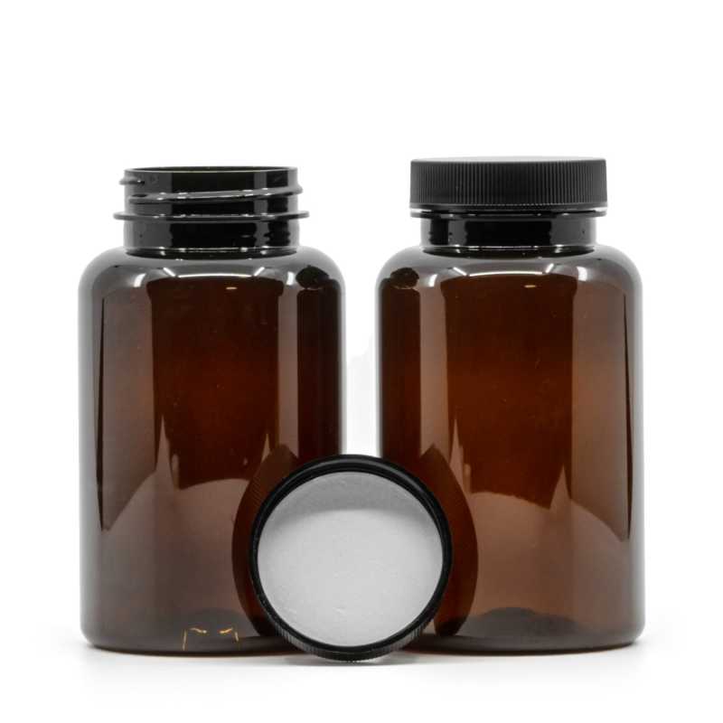 Vaso plastico per compresse, ambra, tappo nero, sigillo a induzione, 250 ml