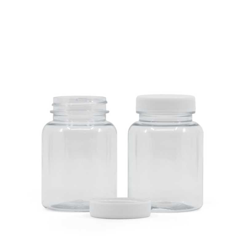 Contenitore di plastica per pillole, trasparente, tappo bianco, 150 ml