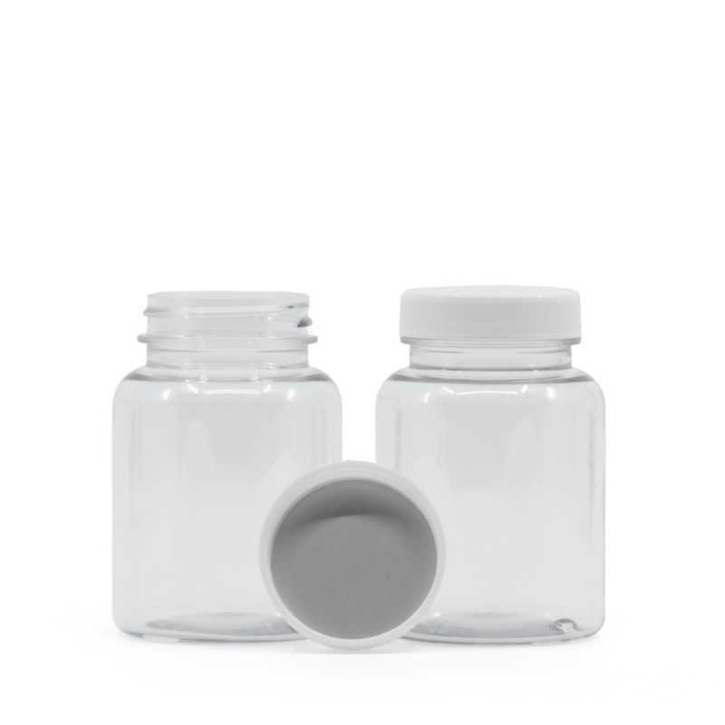 Vaso per pillole, plastica trasparente, tappo bianco, sigillo interno a induzione, 150 ml