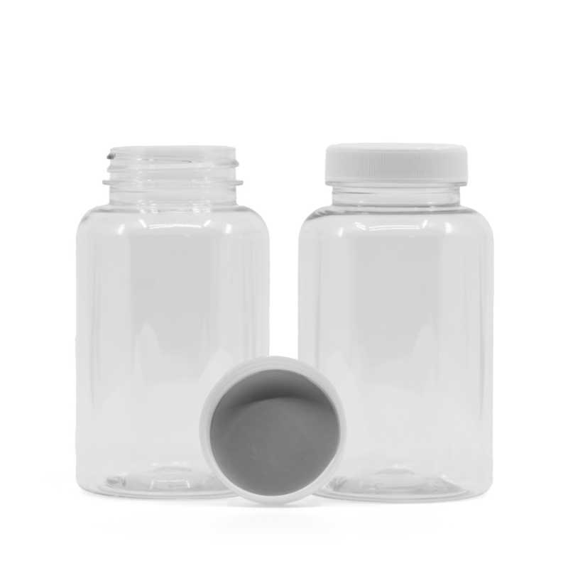 Contenitore di plastica per compresse, trasparente, tappo bianco, sigillo interno a induzione, 250 ml