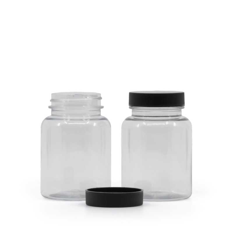 Vasetto di plastica per pillole, trasparente, tappo nero, 150 ml