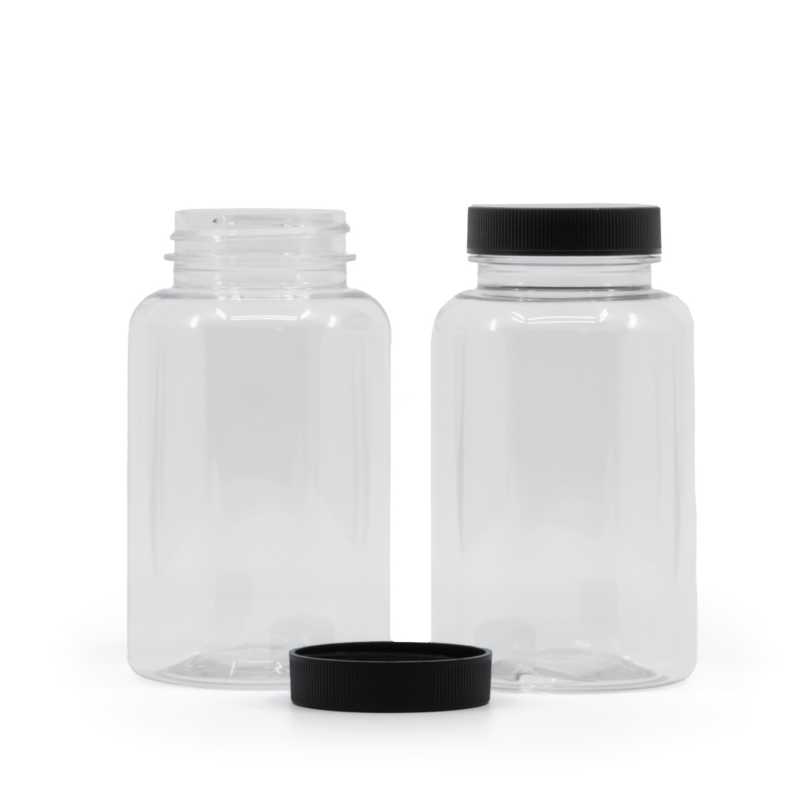 Contenitore plastico per compresse, trasparente, tappo nero, 250 ml