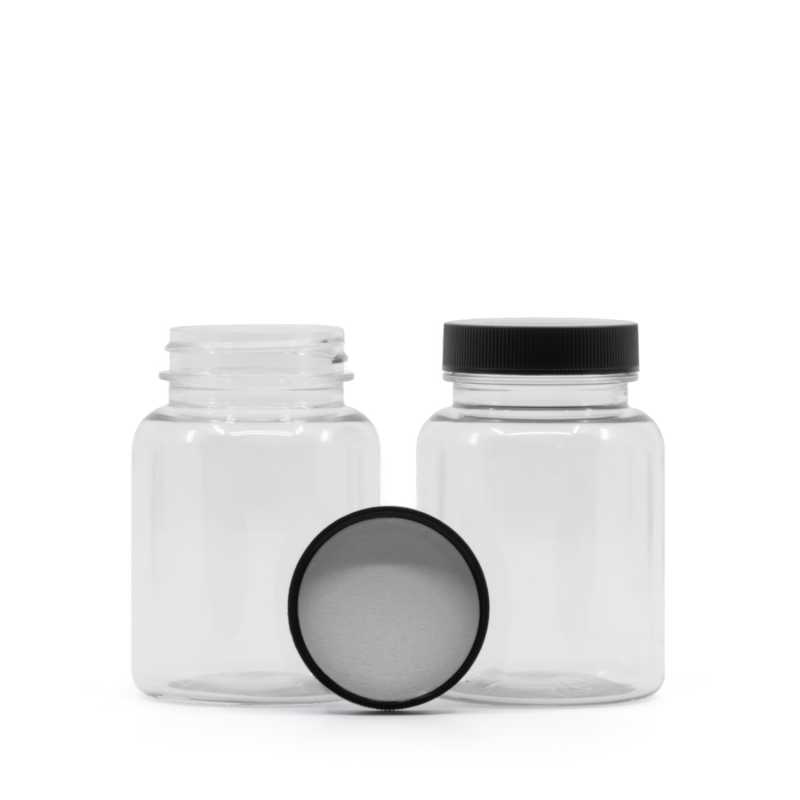 Vasetto di plastica per pillole, trasparente, tappo nero, sigillo interno a induzione, 150 ml