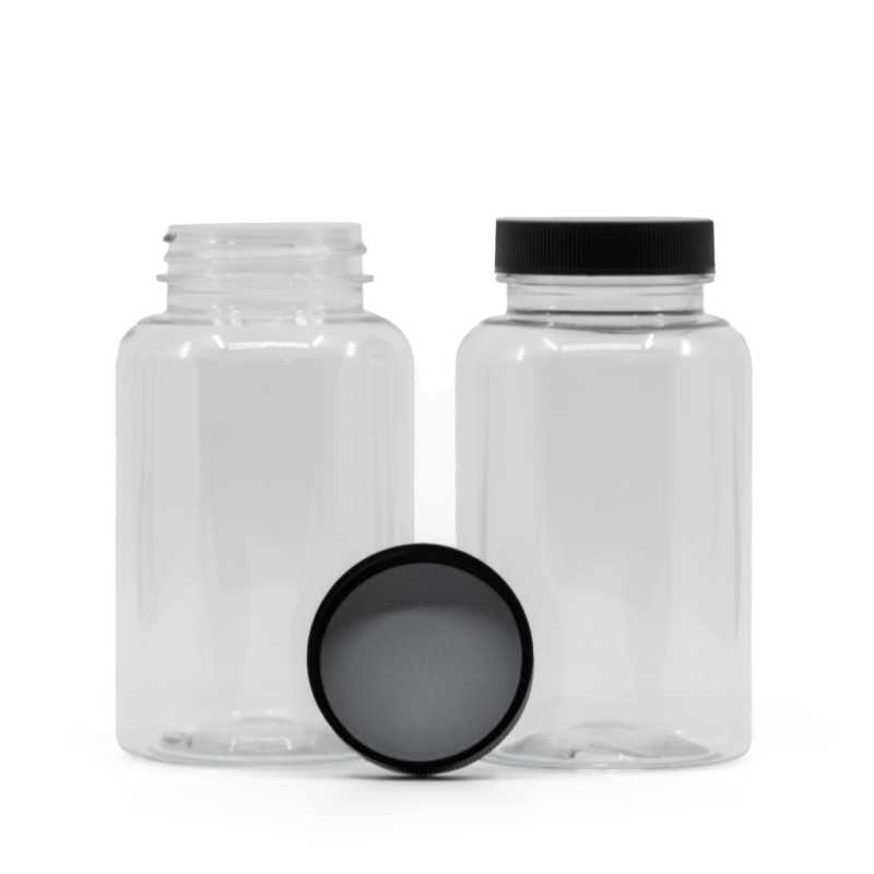 Contenitore per pillole in plastica, trasparente, tappo nero, sigillo a induzione, 250 ml