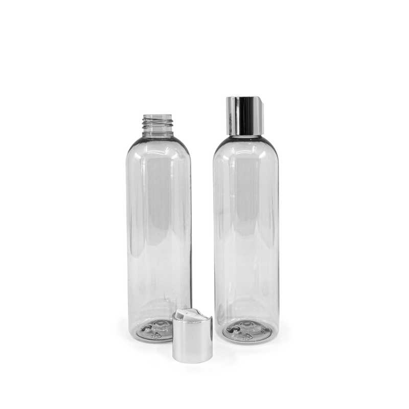 Bottiglia di plastica riciclata trasparente, 250 ml, tappo disc-top argentato