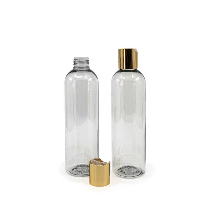 Bottiglia di plastica riciclata trasparente, 250 ml, tappo disc-top dorato