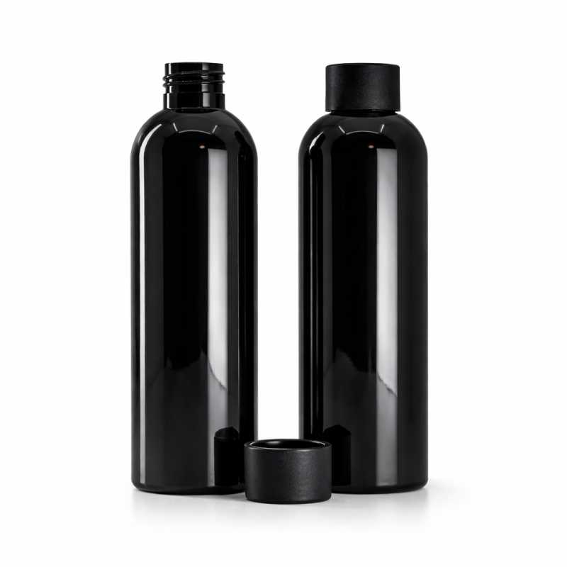 Bottiglia di plastica nera, 200 ml, tappo nero opaco, 24/410