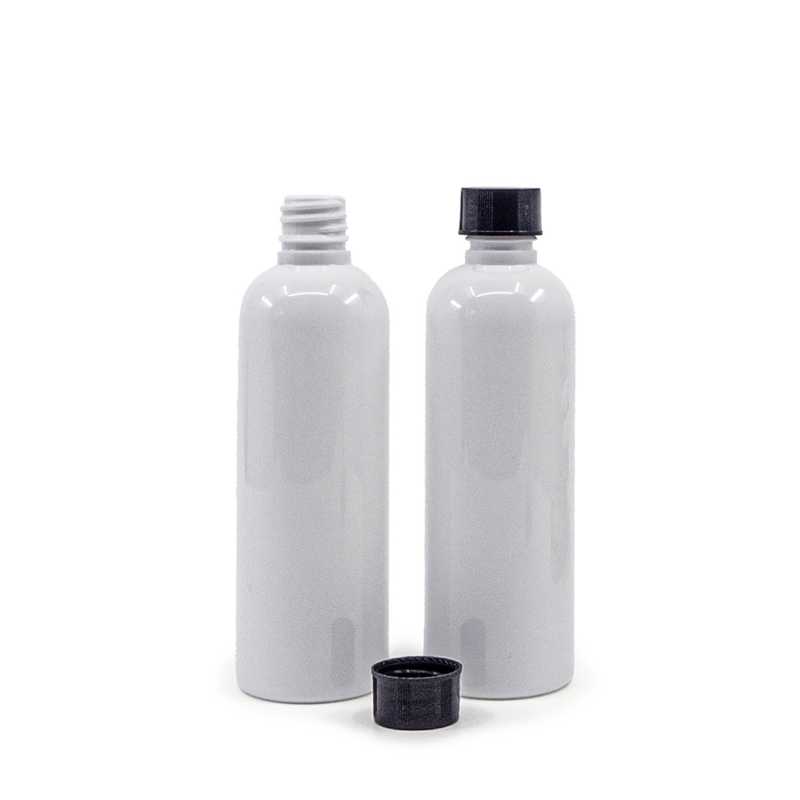 Bottiglia di plastica, bianco, tappo di plastica nero, 100 ml