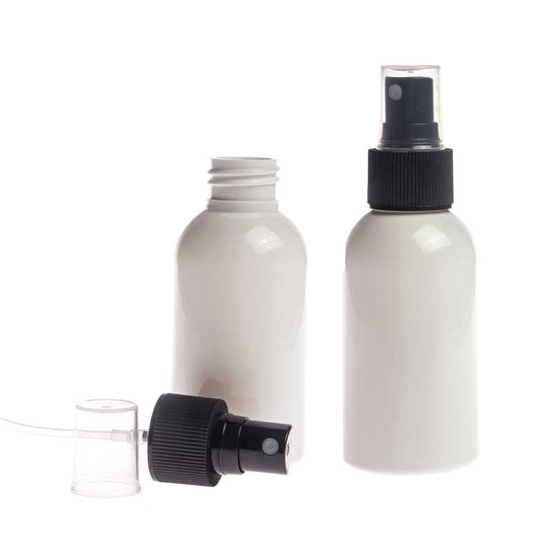 Flacone di plastica bianco, spruzzatore nero, 100 ml