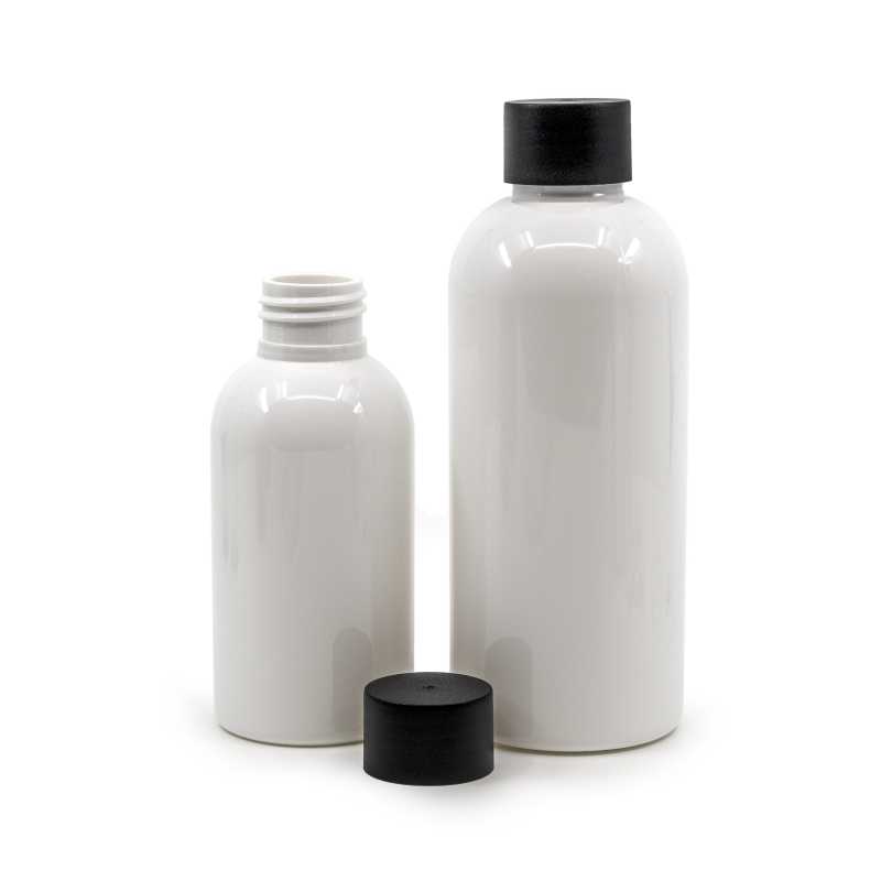 Bottiglia di plastica bianca, 24/410, tappo nero opaco, 150 ml
